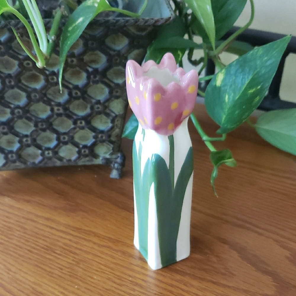 Pink and Green Tulip Ceramic Vase - 6 1/2" H